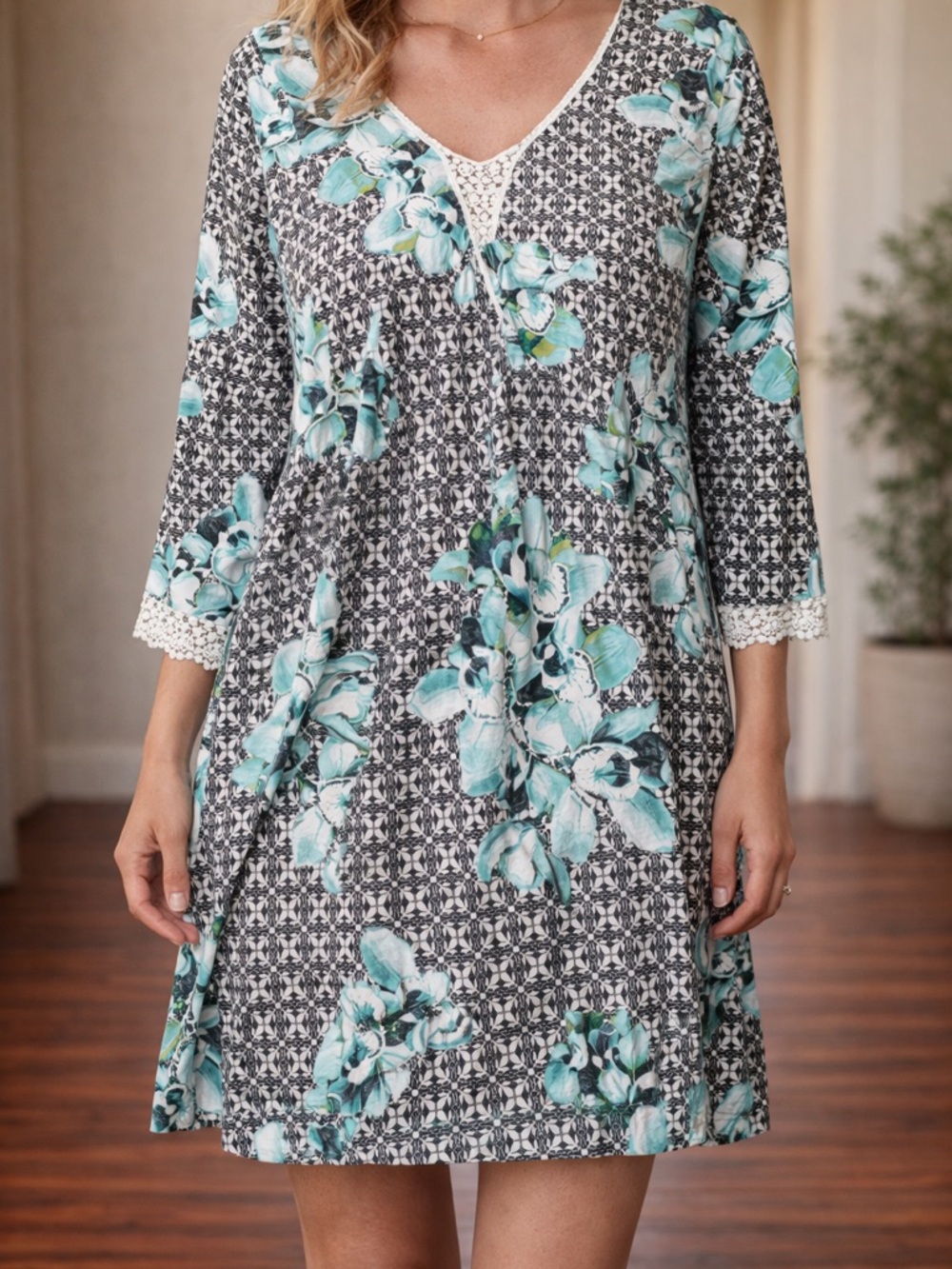 Soma Floral Mini Dress in Aqua and Black - Picture 1 of 9